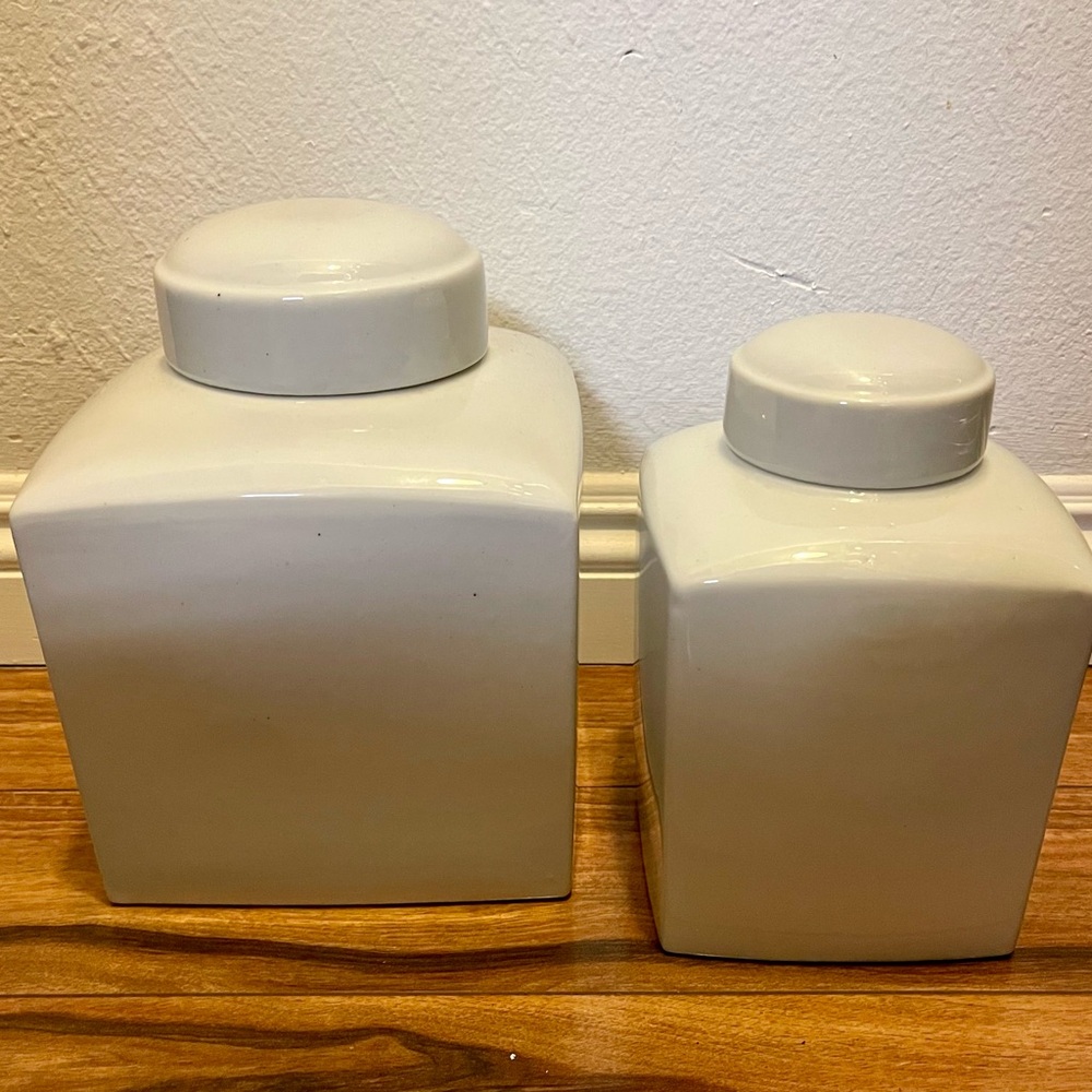 Set of Two Heavy White Porcelain Ceramic Stoneware Square Jars
